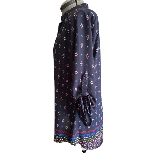 Cure Womens Navy Geometric Print Tunic Top Roll Tab Sleeves Lightweight Size L - Picture 2 of 8